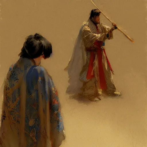 Prompt: a man wearing hanfu, muscular, painting by Gaston Bussiere, Craig Mullins