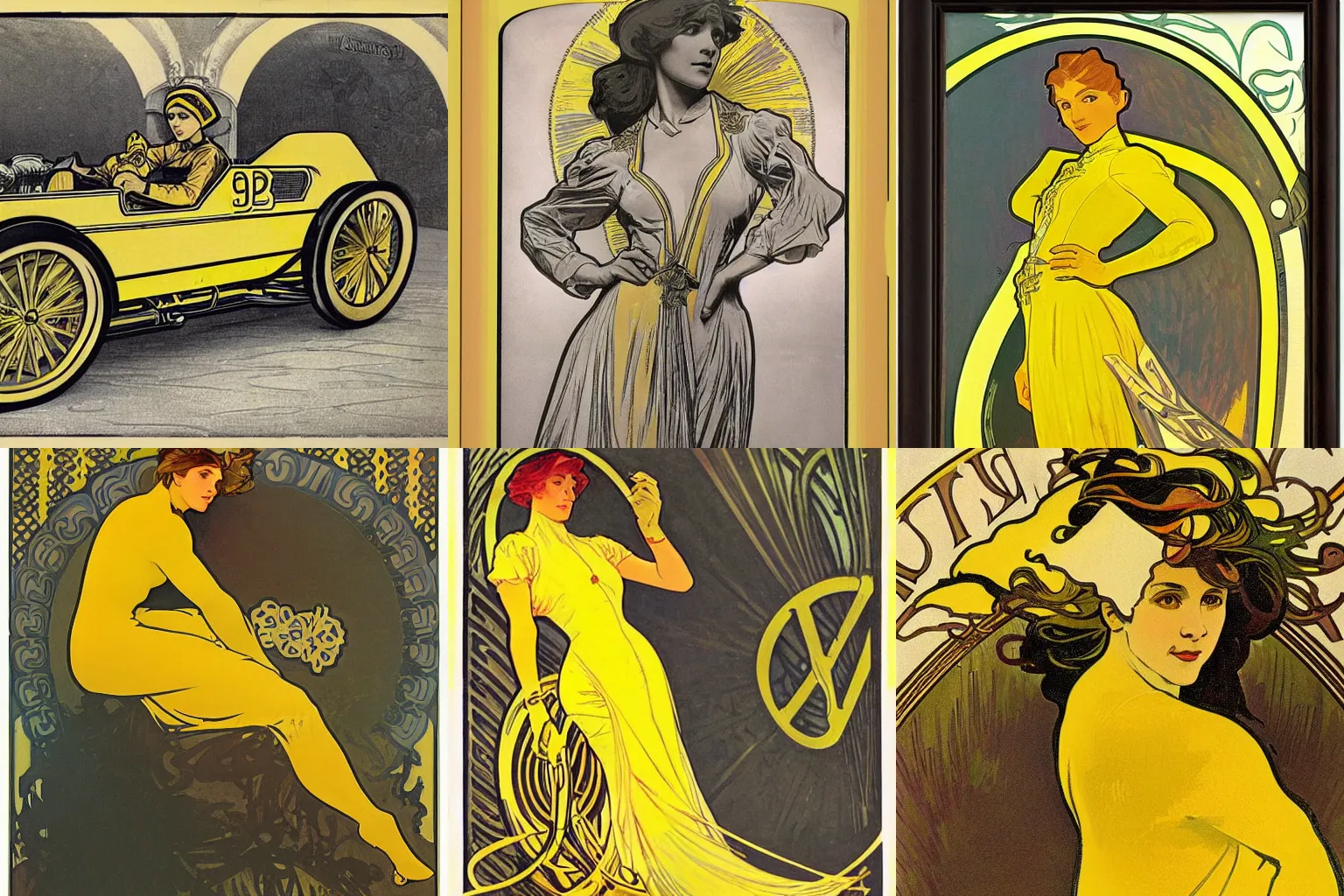 Prompt: a yellow race car by john frye and alphonse mucha.