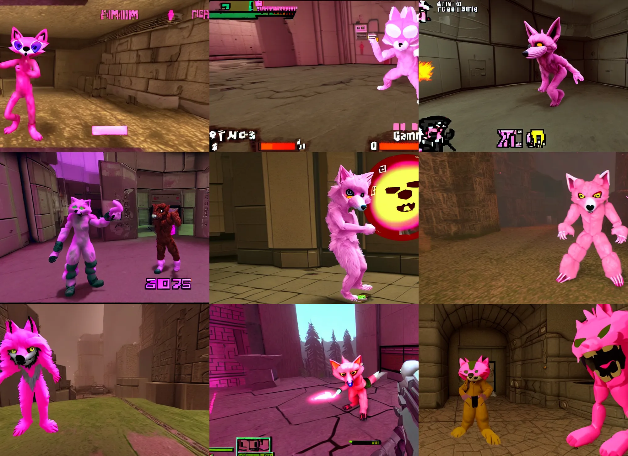 Prompt: pink fox furry fursuit in a screenshot of the video game doom, the furry fursuit is running