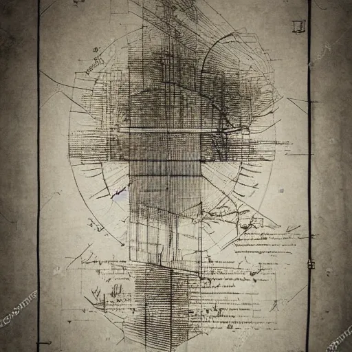 Prompt: leonardo da vinci intricate full page scan blueprint of concept art dark new music instrument on grey paper sketch ink style with music sheet backgroud