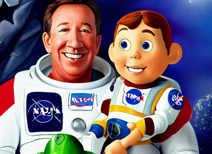 Image similar to painting of tim allen in a nasa space suit with a buzz lightyear doll in his hand in front of an american flag