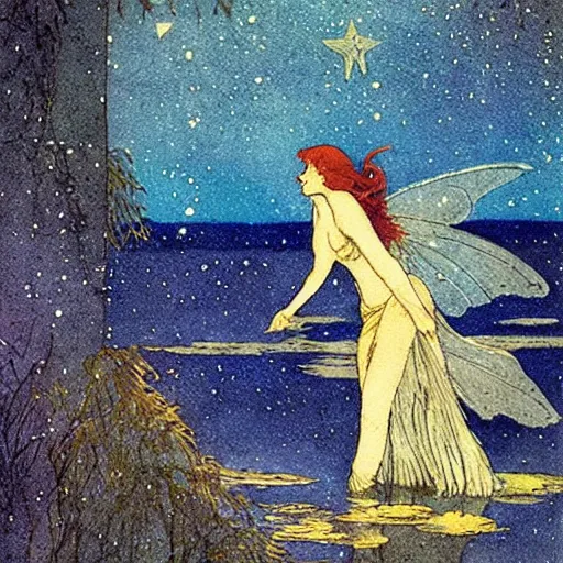 Image similar to a fairy bathing in the lake under the starry sky, magical atmosphere, by edmund dulac