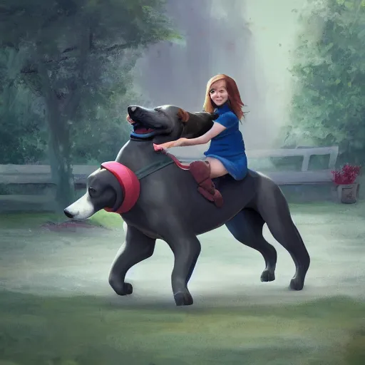 Image similar to girl riding a giant dog in the park, trending on artstation