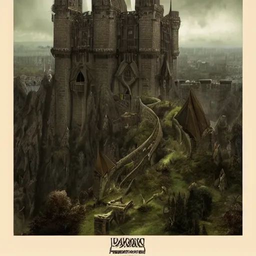 Image similar to a lonely and impossibly tall ominous palace dark citadel tower of the evil patriarch, battlements, castle wall, portcullis, on a plateau island in a river elevated high above the city, flintlock fantasy capital city, scary gothic architecture, ultrawide lense, aerial photography, unreal engine, exquisite detail, 8 k, art by greg rutkowski and alphonse mucha