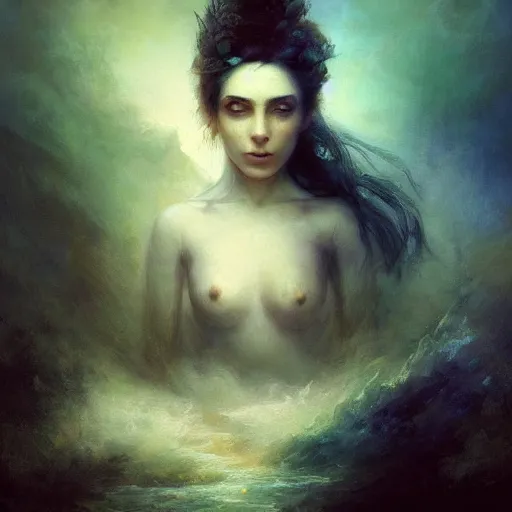 Image similar to dreams of the fae; three-quarters portrait; heterochromia; oil paints; 8k, surrealism, abstract imagery by Ivan Aivazovsky; by Aleksi Briclot; by Marc Simonetti