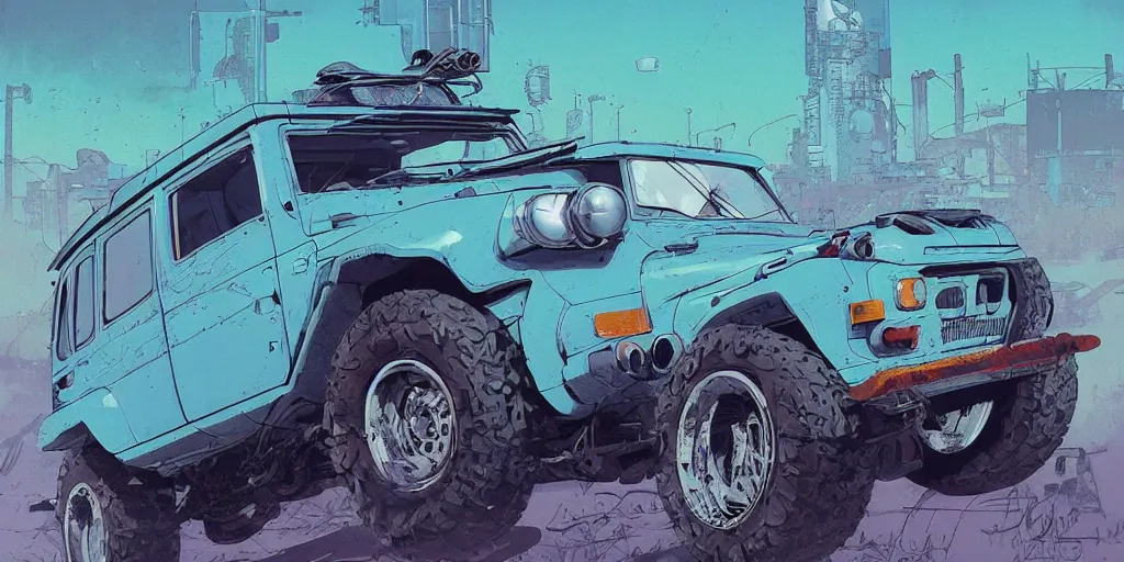 Image similar to digital illustration of a futuristic faded cyan mad max's fj 4 0 decrepit!!!! pursuit special, rusty!!! cyberpunk nissan fj cruiser heavily modded 1 9 9 0 s, the last v 8 interceptor by makoto shinkai, ilya kuvshinov, lois van baarle, rossdraws, basquiat