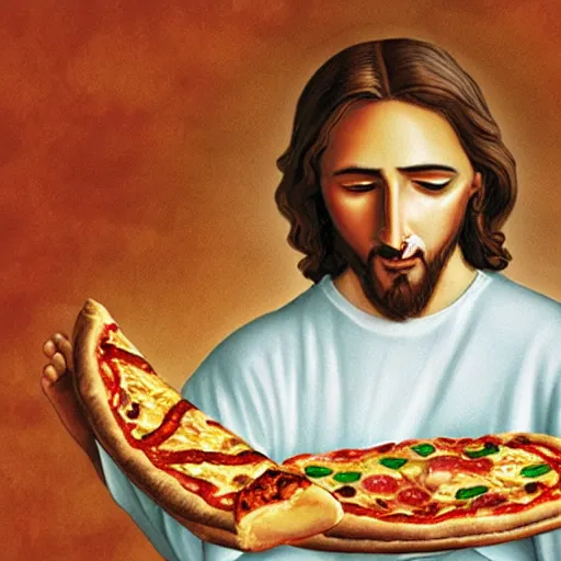 Prompt: Jesus eating pizza