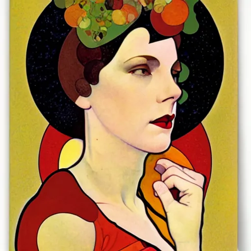 Image similar to Art in the style of Coles Phillips, Gaia, Full figured Mother Earth, portrait, Mucha, Kandinsky, risoprint