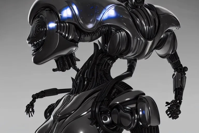 Image similar to cyberpunk alien concept inspired robot, futuristic look, highly detailed body, very powerful, photorealistic camera shot, bright studio setting, studio lighting, crisp quality and light reflections, unreal engine 5 quality render