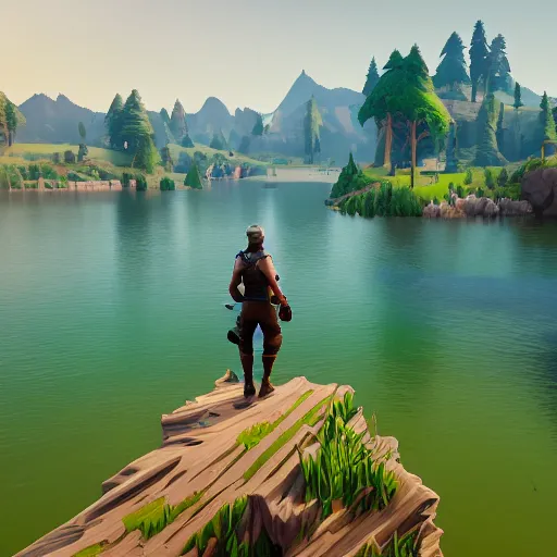 Image similar to a lake as a fortnite artstyle, au naturel, hyper detailed, digital art, trending in artstation, cinematic lighting, studio quality, smooth render, unreal engine 5 rendered, octane rendered, art style by klimt and nixeu and ian sprigger and wlop and krenz cushart