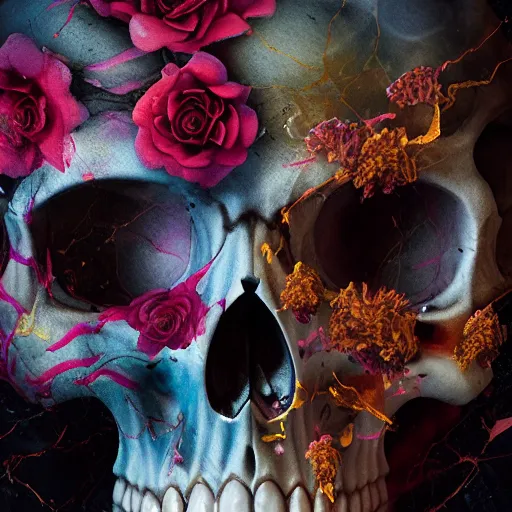 Image similar to hyperrealistic mixed media painting of a beautiful attractive flower marble skull, dim volumetric lighting, 8 k, octane beautifully detailed render, extremely hyper detailed, intricate, epic composition, cinematic lighting, masterpiece, trending on artstation, very very detailed, masterpiece, stunning, hdr, smooth, sharp focus, high resolution, award, winning photo, dslr