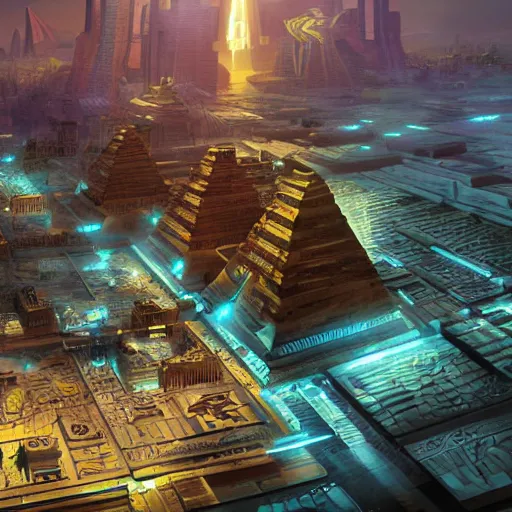 Prompt: a scene of the beautiful intricate epic futuristic pharaoh city with the cyber sphinx of giza, hovering cyber pyramid, hyper detailed, cinematic lighting