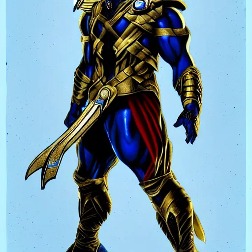 Image similar to chris hemsworth as spartan from wildc. a. t. s, hyperdetailed, blue and gold hour, trending on artstation