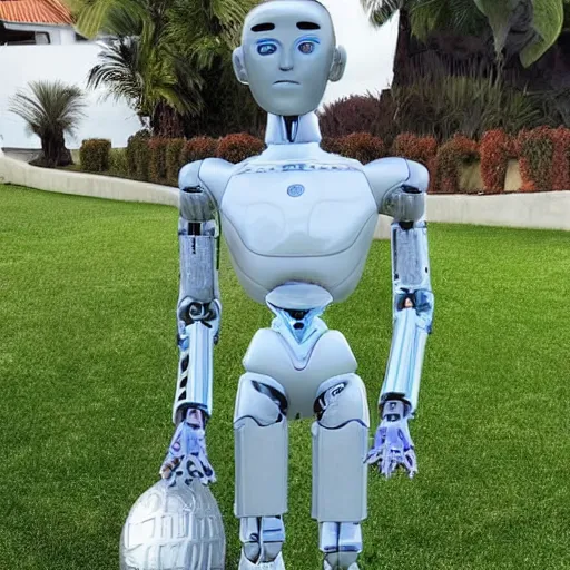 Image similar to a realistic detailed photo of a guy who is an attractive humanoid who is half robot and half humanoid, who is a male android, soccer player martin ødegaard, shiny skin, posing like a statue, blank stare, by the pool, on display, showing off his muscles, humanoid robot, frozen ice statue