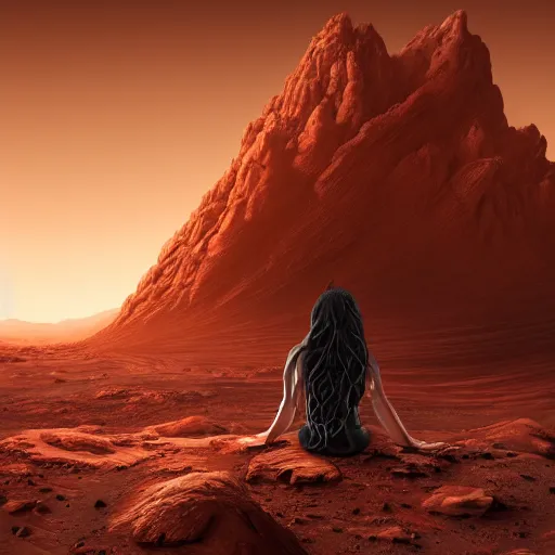 Image similar to Still of a Martian woman with gorgeous flowing hair on Mars, sitting on a Martian rock, reddish atmosphere with detailed highlights, dark gloomy sky cascading upon the atmosphere, well-detailed ornate Martian mountains in the background, trending on artstation, 4k, 8k