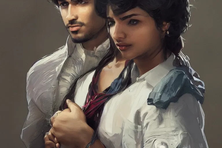 Image similar to Anxious good looking pale young Indian doctors wearing American clothes at the airport, portrait, elegant, intricate, digital painting, artstation, concept art, smooth, sharp focus, illustration, art by artgerm and greg rutkowski and alphonse mucha