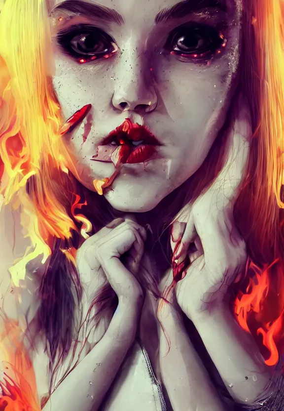 Image similar to full body photography digital illustration of a girl with eyes that burn like cigarettes wearing a short skirt and a long jacket with fingernails that shine like justice, dramatic lighting, photorealistic, full body portrait, detailed anatomy, extreme detail, 4 k, colorful, artgerm and ben lo, detailed face, f / 2. 8