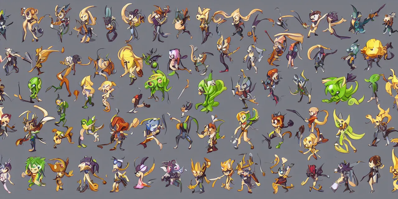 Prompt: game asset sheet, 2 d sprite, mid - century classical era chibi monsters cute lovable tricksters darkness vs light