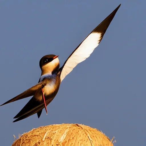 Image similar to photo of an african swallow mid flight carrying a coconut