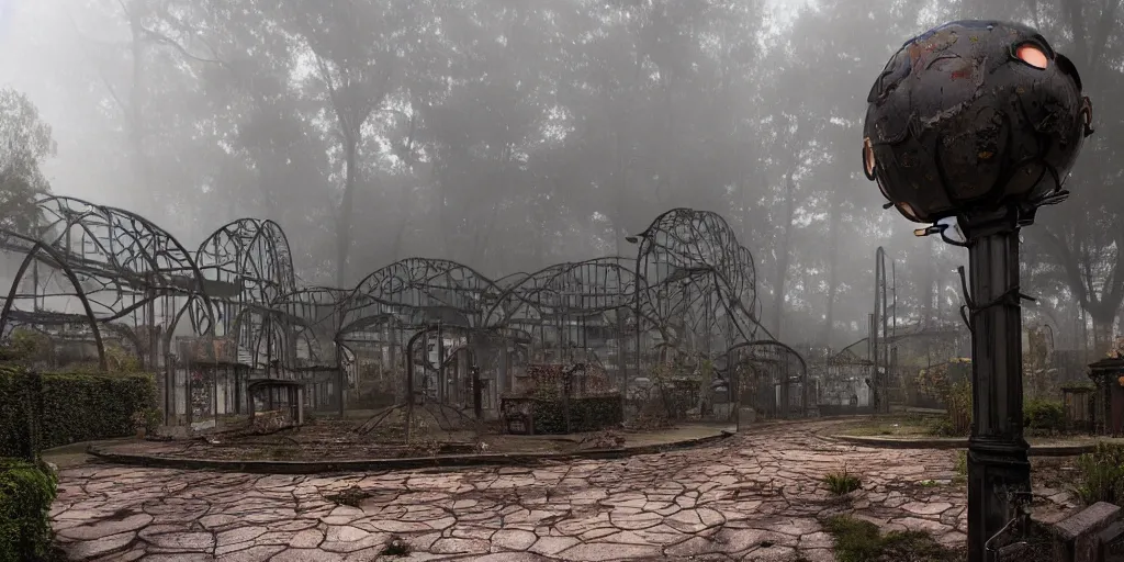 Image similar to creepy view into abandoned theme park with many attractions, fog, rain, volumetric lighting, beautiful, golden hour, sharp focus, highly detailed, cgsociety