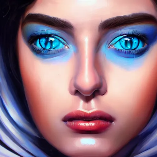 Image similar to greek ameera al taweel , blue eyes, black hair, beautiful face, oild painting, Hyper-realistic, Highly Detailed, HD, by Brom, by beeple, studio ghibli, wallpaper, highly detailed, trending on artstation