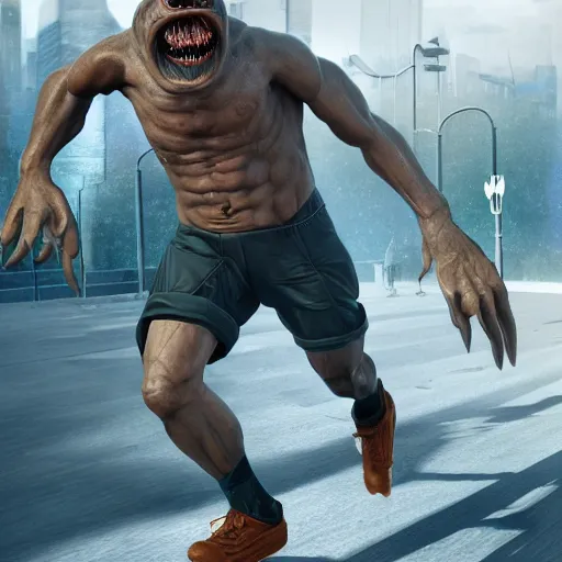 Image similar to HD, strange stock photo of a cyclops monster running a marathon, CGsociety, 3dcg, trending on ArtstationHD, artstation, highly detailed, rendered image