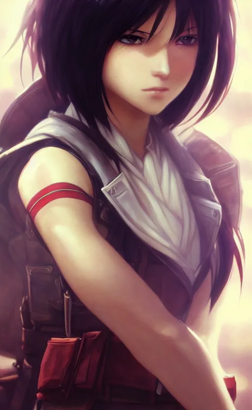 Image similar to mikasa ackerman, hero pose, medium shot, bokeh, beautiful face!!!!, 2 7 years old, cg animation, lifelike, animated, realistic, character select portrait, by artgerm, greg rutkowski, alphonse mucha, 3 d