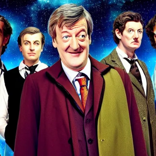 Image similar to stephen fry as doctor who, bbc promotional artwork, full cast shot
