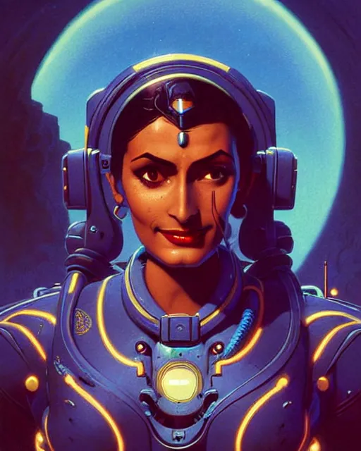 Image similar to symmetra from overwatch, character portrait, portrait, close up, concept art, intricate details, highly detailed, vintage sci - fi poster, retro future, in the style of chris foss, rodger dean, moebius, michael whelan, and gustave dore