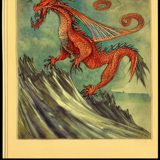 Prompt: colorful watercolor of a pattern of dragon by gustave dore