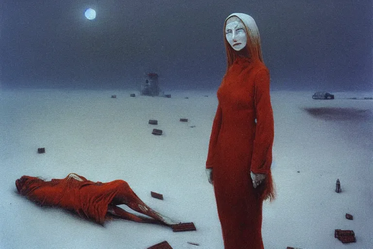 Image similar to a surrealist painting of a lonely woman with pale skin and red hair, standing over pile of bodies in post apocalyptic snowy landscape, painted by zdzisław beksinski