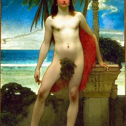 Prompt: blood dripping chalice at the palace, thunderstorm, greek pool, beach and palm trees on the background major arcana sky, by paul delaroche, alphonse mucha and arnold böcklin arnold böcklin hyperrealistic 8k, very detailed