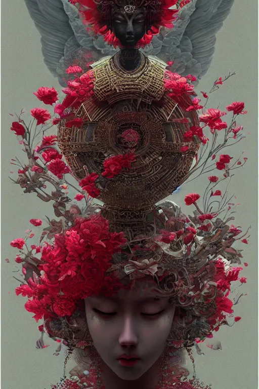 Image similar to breathtaking detailed red gardian mao baby in glace sphere free thibet concept art painting art deco pattern of birds goddesses amalmation flowers, by hsiao ron cheng, tetsuya ichida, bizarre compositions, exquisite detail, extremely moody lighting, 8 k