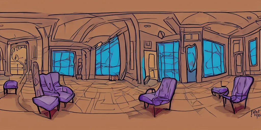 Prompt: a dimly lit, theater dressing room, with a mirror, a chair, a couch, day of the tentacle style, drawn by Peter Chan, 5 point perspective