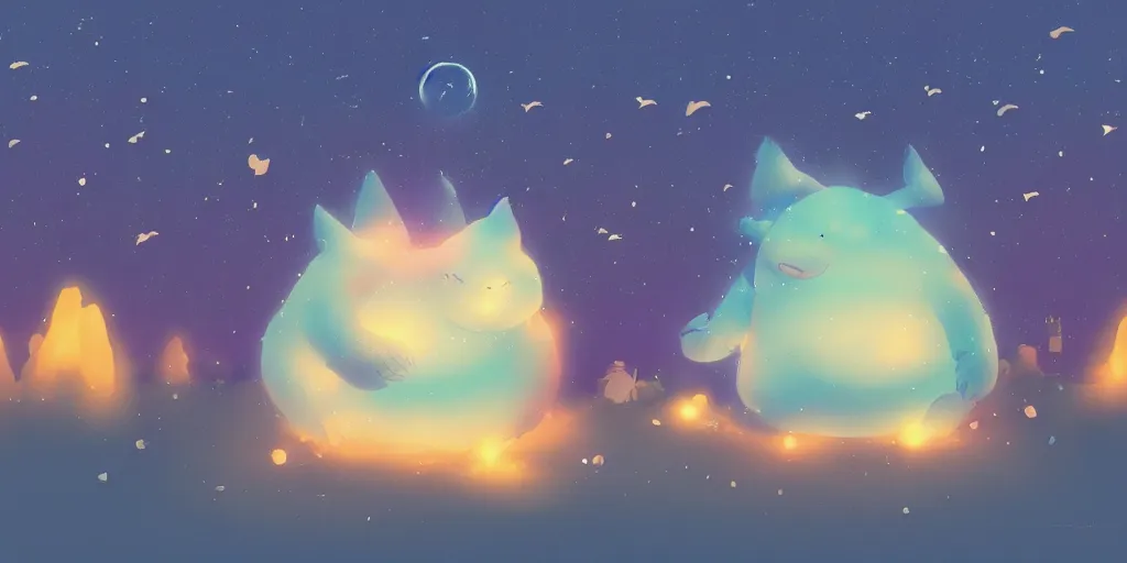 Image similar to giant glowing wireframe snorlax totoro, mountain landscape, night sky, digital art, digital painting, celestial, majestic, colorful