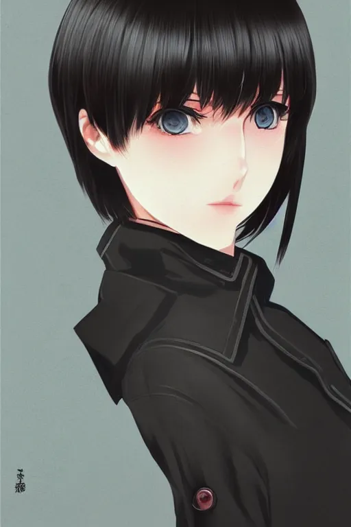 Prompt: medium close-up of a manga girl with a stylish trenchcoat by Ilya Kuvshinov, black medium length Dutch bob cut hair with straight bangs, poster