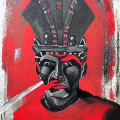 Image similar to portrait of an ancient warrior red and black theme