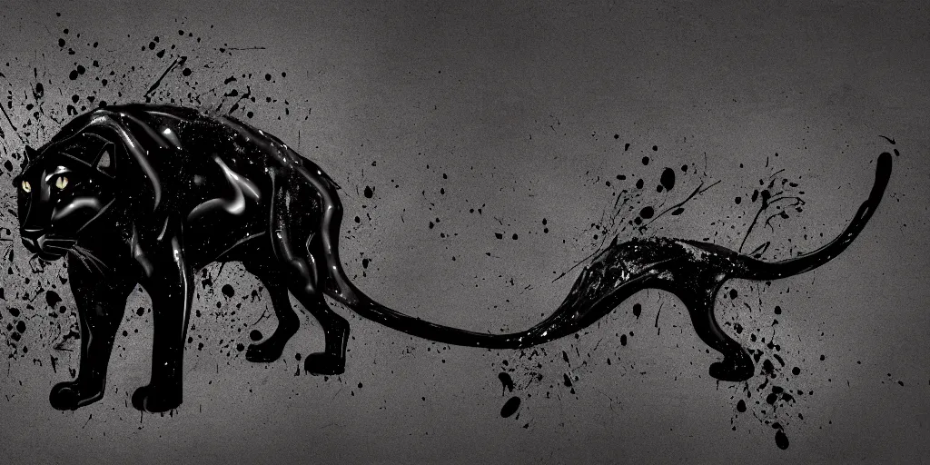Prompt: the smooth panther, made of smooth black goo, sticky, full of black goo, covered with black goo, splattered black goo, dripping black goo, dripping goo, splattered goo, sticky black goo. concept art, reflections, black goo, animal drawing, digital art, desktop background
