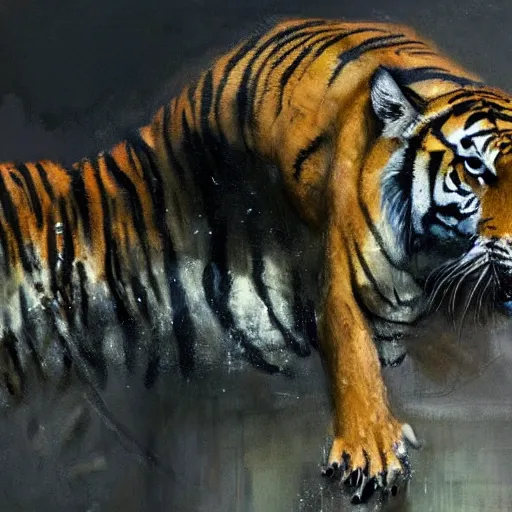 Prompt: tiger and crocodile hybrid animal, painting by jeremy mann