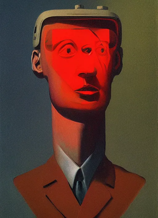 Prompt: tv head man portrait with a crt tv for head Edward Hopper and James Gilleard, Zdzislaw Beksinski, highly detailed