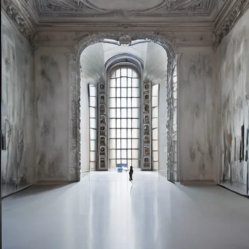 Image similar to giant Italian modern castle living room, clean minimalist design, that is 1300 feet tall, with very tall giant walls filled with modern art paintings, doors that are cosmic portals, photo by Annie Leibovitz, with modern steel sculpture by Tony Cragg