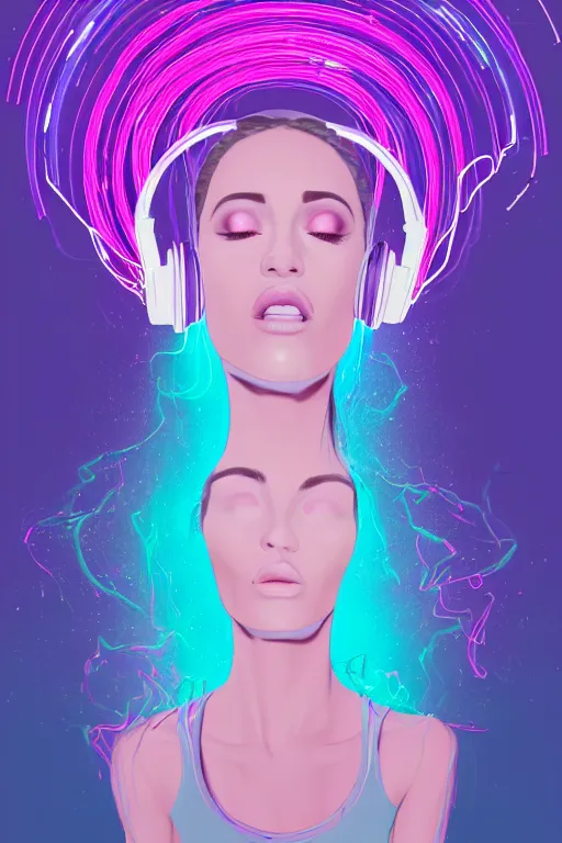 Image similar to a award winning half body portrait of a beautiful woman with stunning eyes in a croptop and cargo pants with ombre purple pink teal hairstyle dancing while listening to music with headphones on her ears by thomas danthony, surrounded by whirling illuminated lines, outrun, vaporware, shaded flat illustration, digital art, trending on artstation, highly detailed, fine detail, intricate