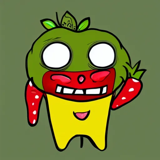 Prompt: a cute strawberry character with two front teeth, holding a yellow toothbrush, in the style of victor moscoso