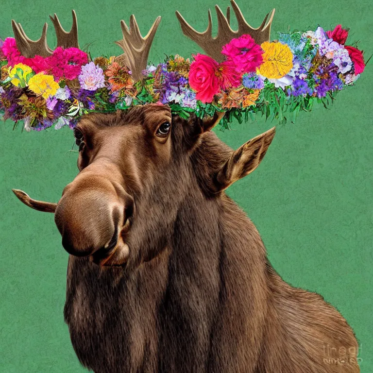 Prompt: A moose wearing a crown of flowers, digital art