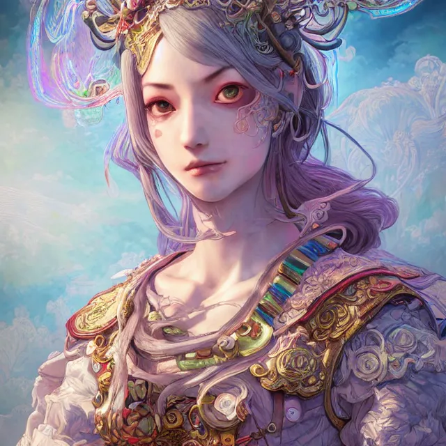 Prompt: studio portrait of neutral good rainbow colorful female cleric bard healer as absurdly beautiful, elegant, young skinny western gravure idol, an ultrafine hyperdetailed illustration by kim jung gi, intricate linework, detailed faces, super sharp focus, bright colors, octopath traveler, final fantasy, unreal engine 5 highly rendered, global illumination, radiant light, detailed and intricate environment