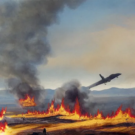 Image similar to Military battle, big explosions in the background, Lake California, Battlefield, war-torn landscape, fire, USAF Bombers, military, Battlezone