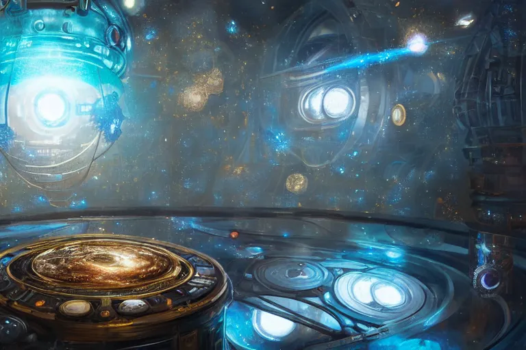 Prompt: A very highly detailed steampunk galaxy inside a resin cube on the table of a very highly detailed smooth futuristic lab digital concept art by Greg Rutkowski, neofuturistic highly detailed, digital concept art, Dimensional cyan gold natural light, sharp focus, realistic concept art by Stephen Hickman and James Gurney and Hiromasa Ogura rendered in Octane Render, From the distance