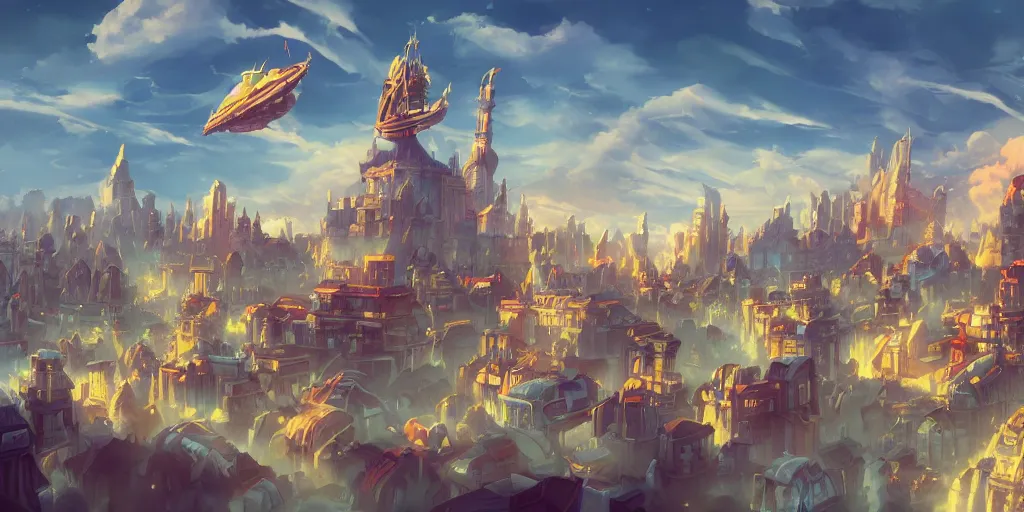 Image similar to a city in the style of piltover from arcane, blimps in the sky, blue skies, soft clouds, trending on artstation