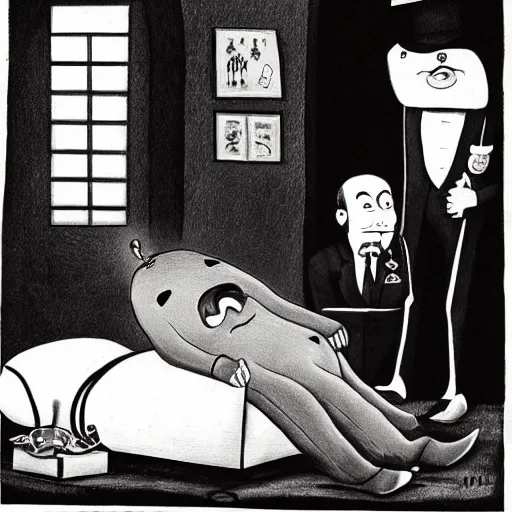 Image similar to the death of captain kangaroo, by charles addams,