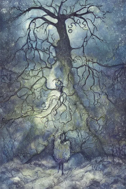 Image similar to tarot card, haunted woods, by andy kehoe